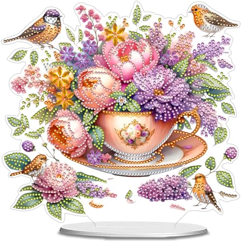 POETRYDRAW Diamond Art Ornament Desktop Kit Cup Flower, Stand Up Diamonds Painting Ornament for Adults, 5D DIY Special Diamond Gem Craft Tabletop Placement Board Kit - color: Cup Flower