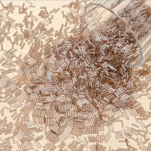 4200pcs Glass Bugle Beads, Mini Long Tube Seed Beads Bulk, Tiny Small Loose Spacer Embroidery Beaded for Bracelets Jewelry Making Sewing, Crafts, Christmas Ornaments, 2×6mm, Champagne Pink - color: Champagne