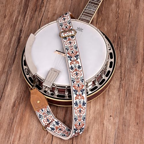 Nefelibata Banjo Strap,2"Wide Double Crazy Horse Leather Jacquard Embroidery Strap Adjustable Replacement,Multi-pattern Strap With Metal Clips - color: A#-brown Blue Jacquard
