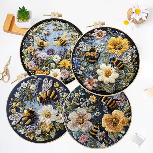 LB 4 Pack Yellow Bee Floral Embroidery Kit for Beginners Green Plant Beginner Embroidery Kit for Adults DIY Starter Kit with Embroidery Hoop Colorful Threads Tools Step by Step Instructions - color: Yellow and Green