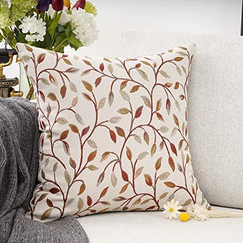 YOUR SMILE Classical Embroidery Jacquard Beige Leaf Pattern Square Decorative Throw Pillow Case Cushion Cover 18 x 18 inch - size: 18" x 18" (Pack of 1)