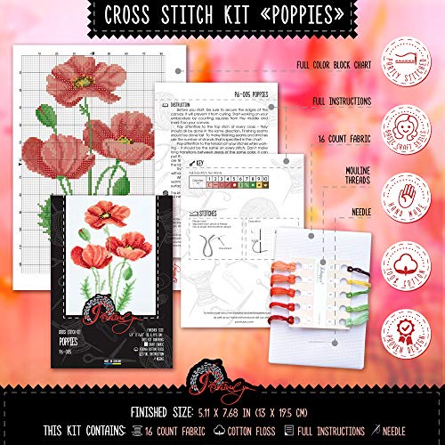 Povitrulya Counted Cross Stitch Kit “Poppies” | Poppy Wildflowers Hand Embroidery Kits for Adults | DIY Handmade Gift for Mother's Day - color: Poppies