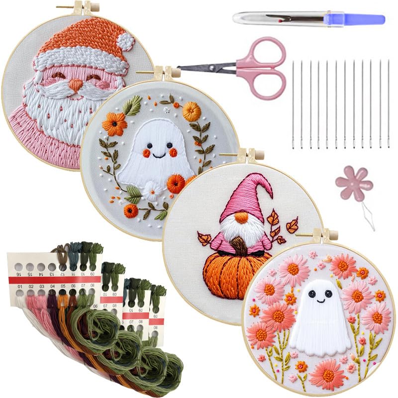 LB 4 Pack Halloween Embroidery Kit for Beginners, Halloween Ghost Christmas Santa Fall Gnome Pumpkin DIY Hand Embroidery Kit with Hoop, Threads, Holiday Craft Kit for Adults - color: Pink and White