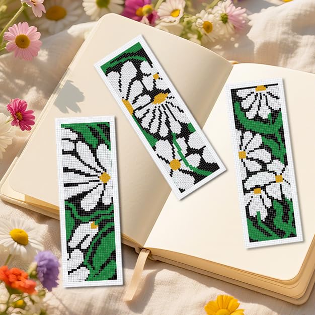 INFUNLY 6pcs White Daisies Cross Stitch Bookmark Kit for Beginners DIY Green Leaf Stamped Embroidery Bookmark Kits Flowers Needlepoint Kit with Instruction Easy Cross Stitch Set for Book Lovers Reader - style: Daisies