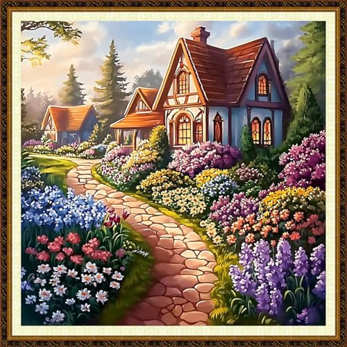 Redxing Counted Cross Stitch Kit for Beginners,Unprinted Needlepoint Kits for Beginners Cross Stitching Embroidery Kit 11CT Stitches kit-Beautiful Garden Home 18x18 inch - color: KitColors14