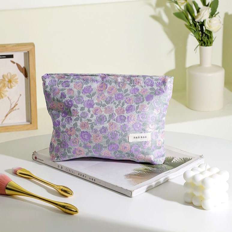 2 Pcs Embroidery Floral Makeup Bag Small Cosmetic Pouch Purse - color: Purple and Pink Flower