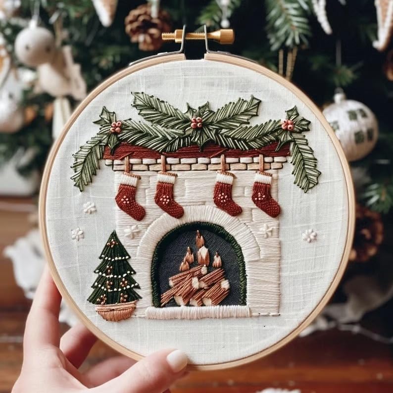 Christmas Embroidery Kit DIY Hand Embroidery Starter Cross Stitch Kits, Christmas Ornaments Embroidery with Stamped Pattern,Cotton,Threads,Needles,Instructions for Adults Beginners (Fireplace 2) - color: Fireplace 2