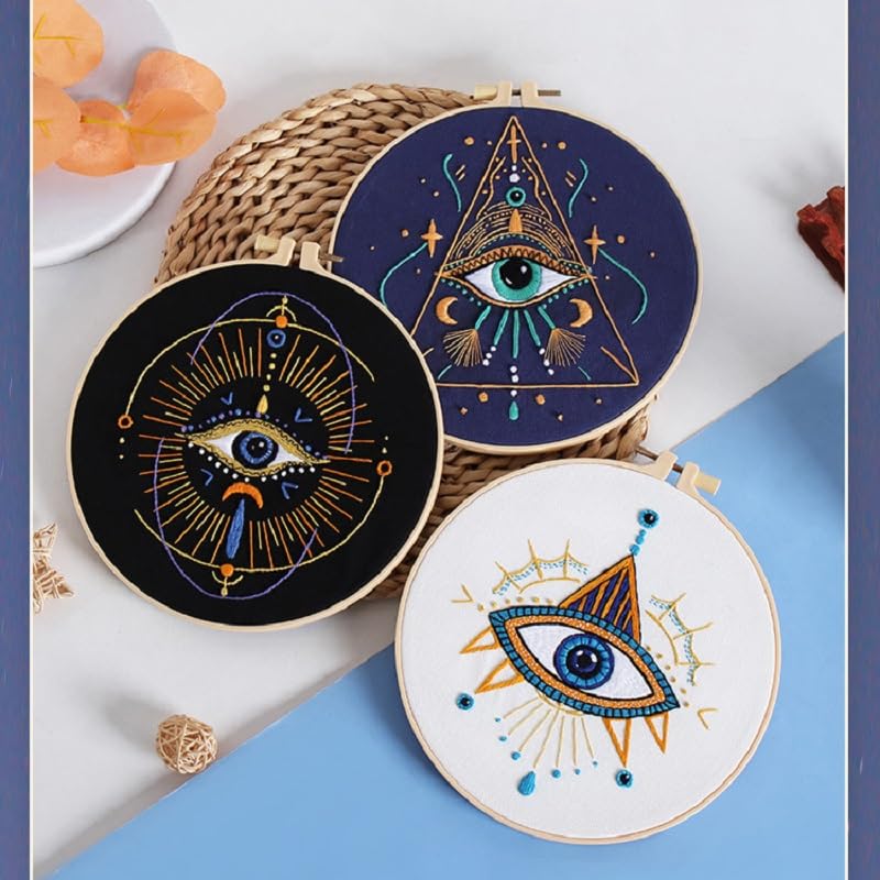 Konrisa 3 Pcs Embroidery Kits with Tarot Cards and Eyes Pattern, Stamped Embroidery Starter Kit for Beginners Adults Needlepoint Kits DIY Sewing Cross Stitch Practice Kit Home Decoration - color: eyes