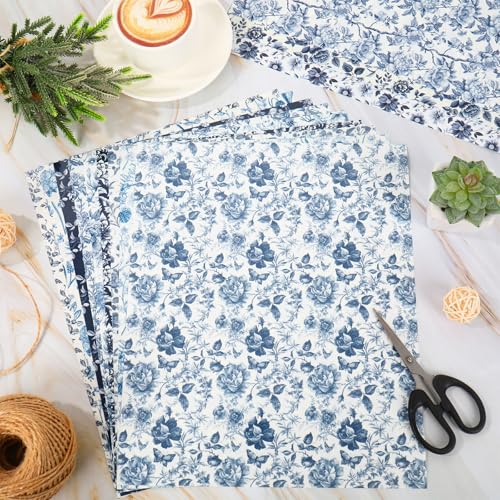 FYSUIMU 12 Sheets Blue Floral Heat Transfer Vinyl Watercolor Flower HTV Iron on Vinyl Vintage Chinoiserie Adhesive Vinyls for Clothing Costume DIY Fabric Crafts, 12 x 10 Inch