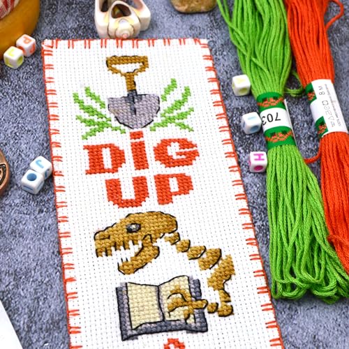 Povitrulya Counted Cross Stitch kit Dig Up A Good Book - Embroidery Set for DIY Bookmark with 16 Count Blank Aida Fabric, Paper Pattern and presorted Floss - color: Dig Up A Good Book