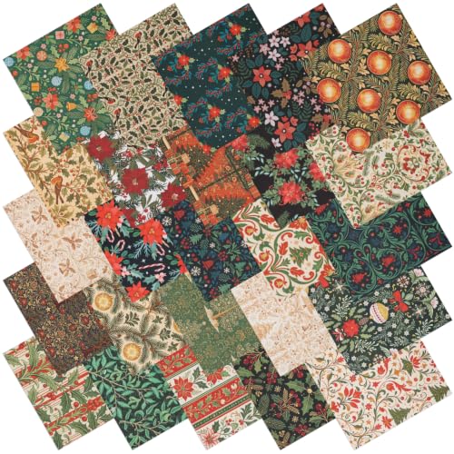 25 Pcs Christmas Cotton Fabric Squares, Christmas Morris Flowers Style - color: Christmas Morris Flowers