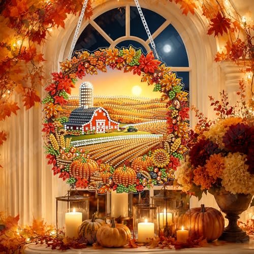Eiflow Acrylic Diamond Art Hanging Kit for Adults, DIY Diamonds Painting Door Hanger Board Kit, Special Crystal Diamond Art Painting Pendant Ornament (Fall Field) - color: Fall Field