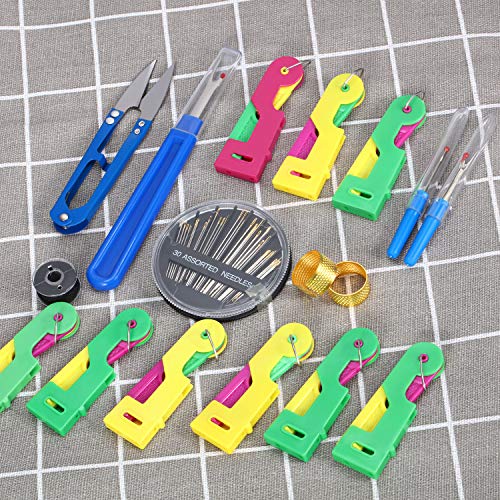 Mudder 46 Pcs Needle Threader Kit, Sewing Tool Kit for Hand Sewing with 30 Pcs Automatic Needle Threader, Embroidery Needles, Seam Ripper and Thimble for Beginners, DIY, and Travel