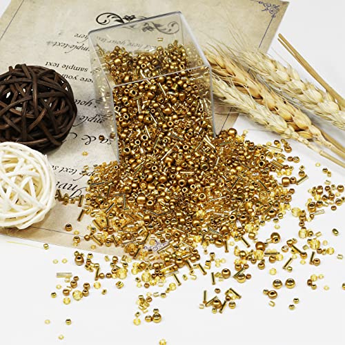 100g Mix Glass Tube Beads Bugle Beads,3500+pcs Glass Bulk Spacer Multi Size 2-6mm Kit for Jewelry Making DIY Craft Bracelets Necklace Earring Making (Golden Mixed) - color: Golden Mixed, size: 2-6mm