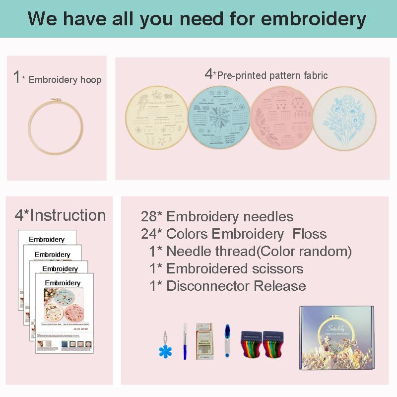 Sutesloly Hand Embroidery Kit for Beginners, 4 Sets Learn to Floral Patterns Simple Beginner Starter kit for Adults, 33 Stitches Easy Embroidery Practice Kit, 7.8inch Hoop, DIY Craft Gift for Women - color: pink