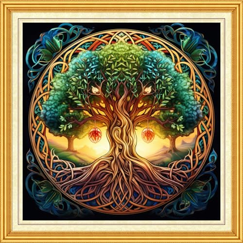 DMCVIVR Stamped Cross Stitch Kits for Beginners Adults Needlepoint Kits for Beginners Embroidery Kits for Adults Crossstitch Kit for Beginners 11CT-Magic Life Tree 18x18 inch, ArtKits02 - color: ArtKits02