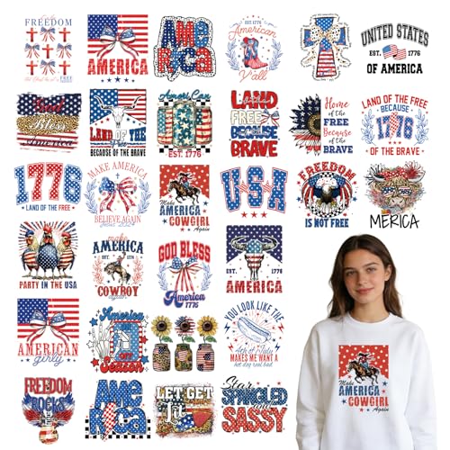Rngmsi Dtf Transfers Ready to Press - 30 Pcs 4th of July Iron on Transfers for T-Shirts, America Independence Day Iron on Stickers, USA Heat Transfer Vinyl Decals for DIY Fabric Clothes Decor - style: 4th of July