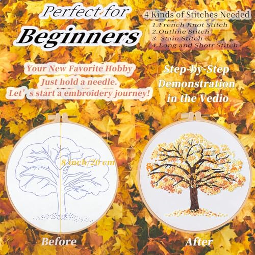 FONNUY Crewel Embroidery Kit for Beginners, Seasonal Tree Pre-Stamped Pattern Kits for Adults with Hoop, Easy to Follow Color Thread Needlework, 8'' (Yellow) - color: Yellow