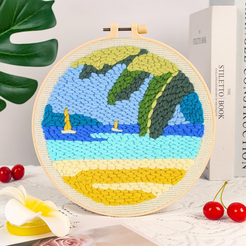 Coconut Palm Tree & Sailboat Punch Needle Kit, 8 Inch, Beginner DIY Craft - color: SUN-COCO