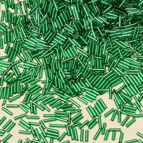 2000pcs Glass Bugle Beads, Tube Beads Bulk, Mini Long Tiny Small Waist Loose Spacer Embroidery Beaded for Bracelets Jewelry Making Sewing, Crafts, 2×6mm, Green - color: Green