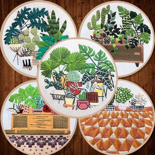 Allazone 3 Sets Embroidery Kit for Beginners, Stitch Practice Kits for Craft Lover Hand Stitch with Embroidery Fabric with Stamped Pattern, Starter Stitch Kits Suitable for Adults (Plate Planting) - color: Plate planting
