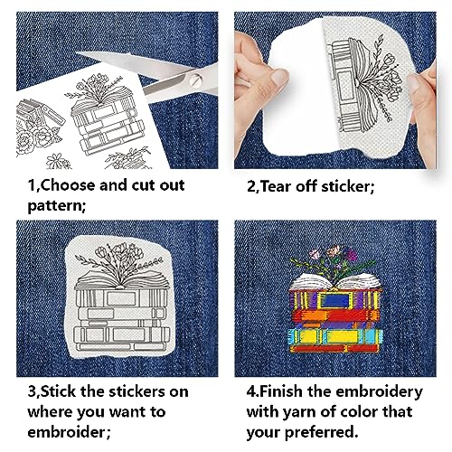 BENECREAT 4 Sheets 18PCS Stick and Stitch Embroidery Paper, Books and Flower Theme Stabilizer Water Soluble Hand Sewing for Carves, Shirts, Coats, Bags, Towels - color: Books and Flower