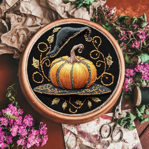 FONNUY Pumpkin Embroidery Kit for Beginners, Pre-Stamped Pattern Kits for Adults with Hoop, Easy to Follow Color Thread Needlework, 8'' Hoop (Witch Hat 2) - color: Witch Hat 2