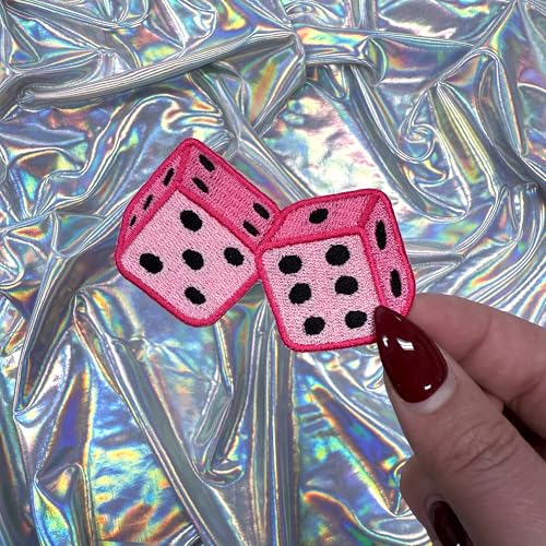 Pink Dice Patch, 3” x 2”, 2-Pack, Embroidered Iron-On for Hats, Bags, Jackets - color: Dice - Pink
