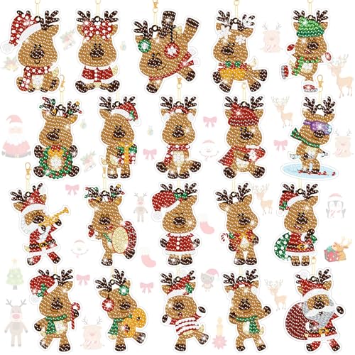 Tondiamo 20 Pcs Christmas Diamond Painting Keychain Kits 5D DIY Diamond Art Pendants Double Sided Hanging Key Chains for Christmas Party Decoration DIY(Deer Style) - style: Deer Style