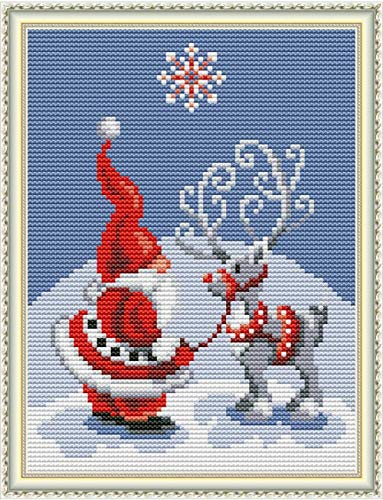 Cross Stitch Stamped Kits 11CT 9X11 inch Pre-Printed Cross-Stitching Starter Patterns for Beginner Kids or Adults, Embroidery Needlepoint Kits Santa Claus Christmas Deer - color: Christmas Deer 9x11 Inch