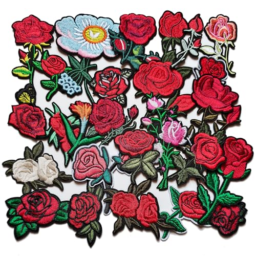 25pcs Flower Rose Iron on Patches, Assorted Sizes Color Floral Embroidered Patches Applique for Clothes Hats Jeans Jacket - color: Rose and Flowers