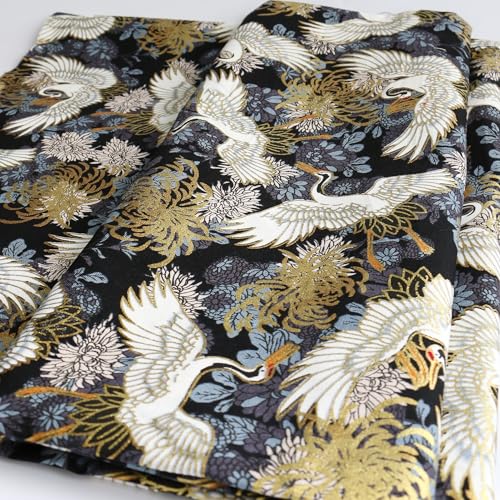 White Crane Fabric,160 GSM Japanese Black Cotton Fabric Gold Hot Stamping,59 Inches Wide for Sewing Clothing Bag Tablecloth Sofa Pillow DIY Craft (2 Yard pre Cut) - color: White Crane, size: 2 yard