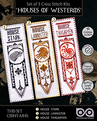 Cross Stitch Kits - Set of 3 DIY Hand Embroidery Bookmarks: House Stark, Targaryen, Lannister - GoT Design Patterns - color: 3-in-1