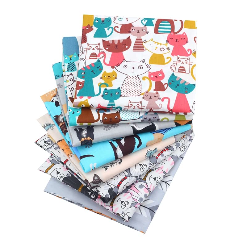 AMORNPHAN Cat and Dog Cartoon Printed 100% Twill Cotton Quilting Bundles Fabric for Patchwork Needlework DIY Handmade Sewing Crafting Precut Face Mask 16x20 Inches (40x50cm.) Set of 8 Pieces (Cat) - color: Cat