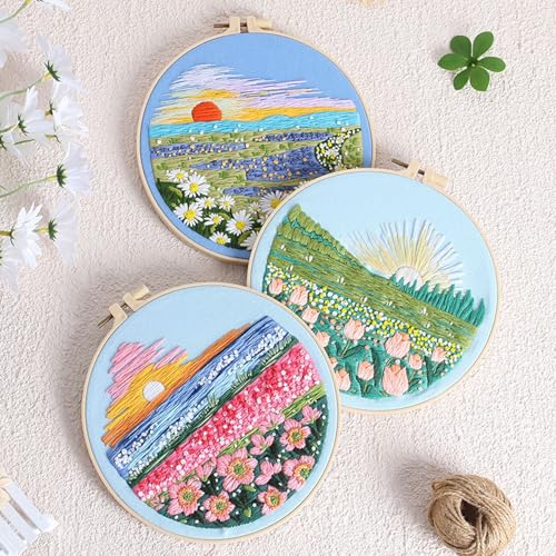 Ohcol 3 Sets Embroidery Kit,Cross Stitch Kits for Beginners,Needlepoint Kits for Adults with Landscape Floral Pattern Hand Crafts,Hoop,Needle