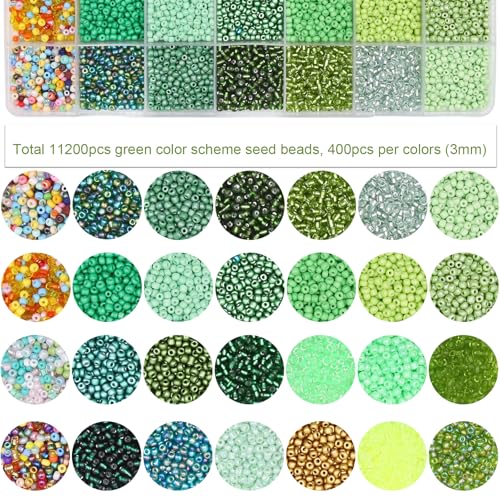 11200pcs Glass Seed Beads for DIY Crafting Bracelet Necklace Embroidery Jewelry Making Supplies (3mm, 400pcs/Color, 28 Colors, Green Scheme) - color: Green