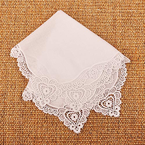 Milesky White Wedding Handkerchief Pure Cotton, Soft Ladies Hanky with Crochet Lace - color: Ch09