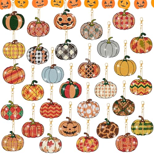 WILLBOND 30 Pcs Halloween Pumpkin Diamond Art Keychains Kits for Beginner - color: Pumpkin