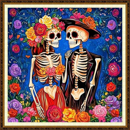 Redxing Counted Cross Stitch Kit for Beginners,Unprinted Needlepoint Kits for Beginners Cross Stitching Embroidery Kit 11CT Stitches kit-Skeleton Couple Flowers 18x18 inch - color: KitColors24