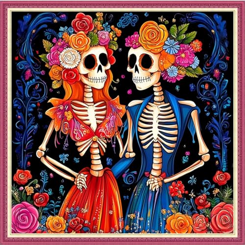 Dooxvey Counted Cross Stitch Kits for Adults 11CT Printed Cross-Stitch Patterns Cross Stitching Embroidery Kit Stamped or Counted Needlepoint Kits-Skeleton Couple 18×18 inch - color: ColorDIY11