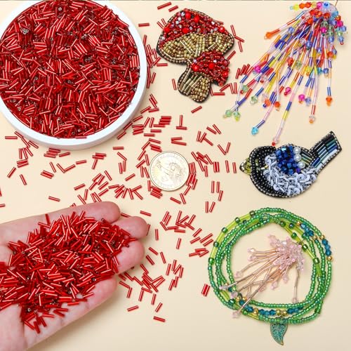 4200pcs Glass Bugle Beads, Mini Long Tube Seed Beads Bulk, Tiny Small Loose Spacer Embroidery Beaded for Bracelets Jewelry Making Sewing, Crafts, Christmas Ornaments, 2×6mm, Dark Red - color: Medium blue