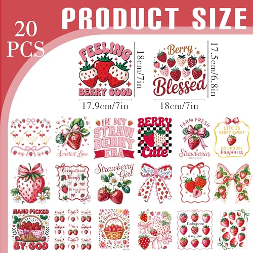 Dazoratix Strawberry Iron on Transfers - 20 Sheets Pink Coquettee Bow DTF Ready to Press Heat Patches Stickers Vinyl Decals for Girls Women T Shirts Clothes Pillow Bag DIY Crafts Appliques Decorations - style: Strawberry