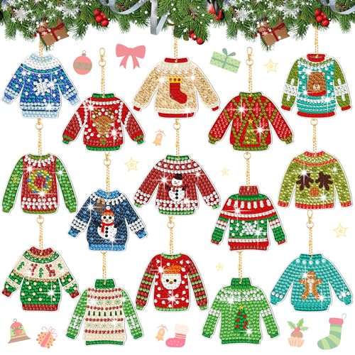 Estune 15 Pcs Christmas Diamond Painting Keychain Kits for Adults
