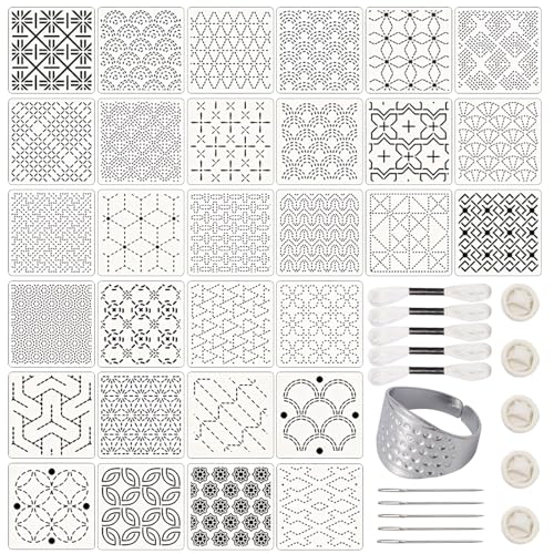 31 PCS Sashiko Stencils Kit with 3.9 x 3.9 Inch Geometric Sashiko Pattern(30PCS) and Needles Thread Tool Kit for Beginners Hand Quilting Mending and Embroidery - size: 3.9 x 3.9 (31PCS)
