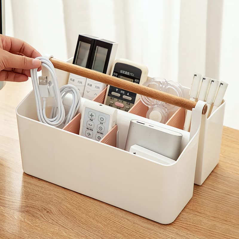 Vidifor Large Plastic Portable Caddy with Handle, Storage Organizer Bin with Adjustable Dividers for Art Supplies, Crafts, Colored Pencils, Makeup Desk - color: White+Pink