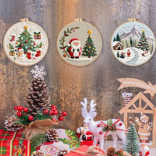 LB Red Christmas Embroidery Kit for Beginners Adults, 3 Sets Hand Embroidery Starter Kit with Santa Pattern and Instructions Stamped Cross Stitch Kits Include Embroidery Hoop Needles Threads Scissors - color: Green Gold