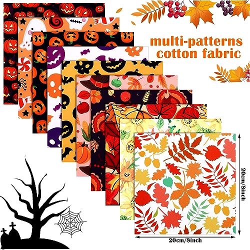 Irenare 100 Pcs 8 x 8 Inch Fall Fabric Squares Bundles Thanksgiving Fat Quarters Cotton Halloween Fabric by the Yard Cotton Quilting Maple Pumpkin Ghost Printed Sewing Patchwork for DIY Crafts - style: Skull