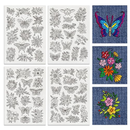 BENECREAT 4 Sheets 60PCS Stick and Stitch Embroidery Paper, Butterflies and Flowers Theme Stabilizer Water Soluble Hand Sewing for Carves, Shirts, Coats, Bags, Towels - color: Butterflies and Flowers