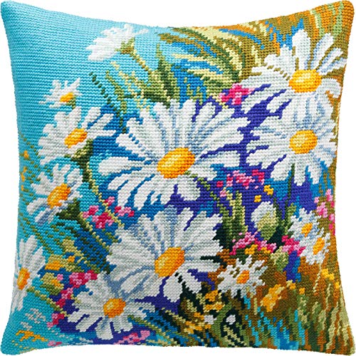 Brvsk Floral Stamped Cross-Stitch Kit for Adults and Beginners — Meadow of Daisies 16″ × 16″ with Clear, Precise Printed Design on Cotton Canvas; Includes 2 Needles, Yarn, and Easy-Read Chart