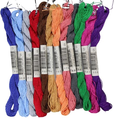 KCS 328 Yards(300 Meters) Mercerized Pearl Cotton Crochet Needlepoint Thread,Size 5, 12 skeins,Mixed Color 17 - color: 12color17, size: 12 skeins